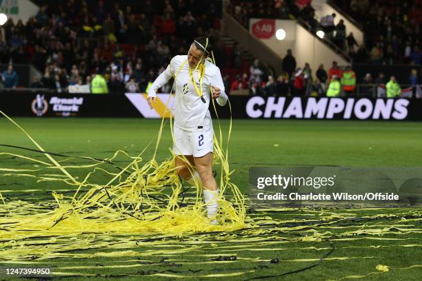 Lucy Bronze of England tries to untangle herself from the streamers during the Arnold Clark Cup match between England and Belgium at Ashton Gate on...