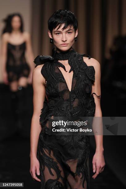 Model walks the runway at the Alberta Ferretti fashion show during the Milan Fashion Week Womenswear Fall/Winter 2023/2024 on February 22, 2023 in...