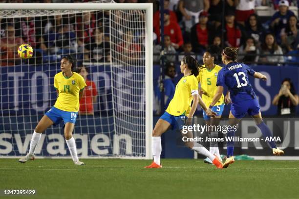 Alex Morgan of United States scores a goal to make it 0-1 during the SheBelieves Cup match between Brazil and United States at Toyota Stadium on...