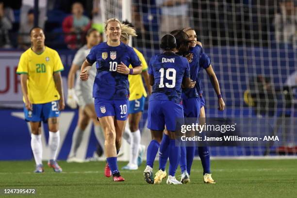 Alex Morgan of United States celebrates after scoring a goal to make it 0-1 during the SheBelieves Cup match between Brazil and United States at...