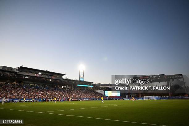 Fans watch the 2023 SheBelieves Cup soccer match between the United States and Brazil at Toyota Stadium in Frisco, Texas, on February 22, 2023.