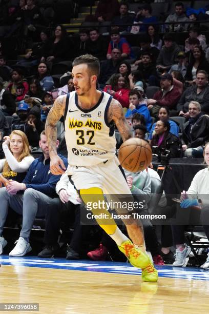 Gabe York of the Fort Wayne Mad Ants handles the ball during the game against the Long Island Nets on February 22, 2023 at Nassau Coliseum in...