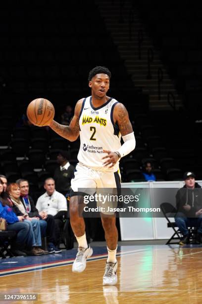 Elfrid Payton of the Fort Wayne Mad Ants handles the ball during the game against the Long Island Nets on February 22, 2023 at Nassau Coliseum in...