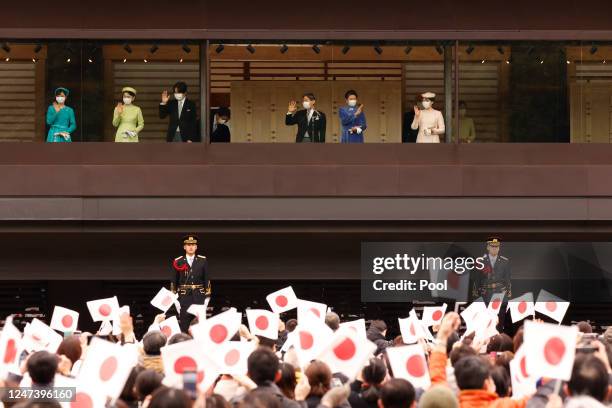 Emperor Naruhito of Japan and his wife Empress Masako greet visitors during his birthday celebration at the Imperial Palace on February 23, 2023 in...