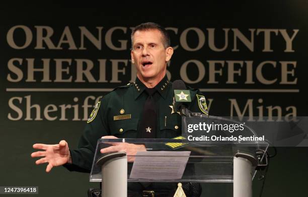 Orange County Sheriff John Mina holds a news conference following multiple shootings by the same individual, on Wednesday, Feb. 22 in Orlando,...