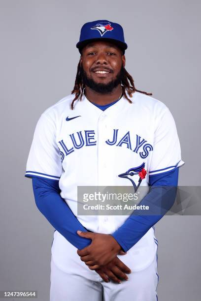 Vladimir Guerrero Jr. #27 of the Toronto Blue Jays poses for a photo during the Toronto Blue Jays Photo Day at TD Ballpark on Wednesday, February 22,...