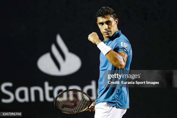 Thiago Monteiro of Brazil celebrates a set won against Cameron Norrie of great Britain during day three of ATP 500 Rio Open presented by Claro at...