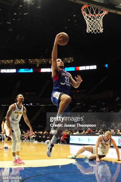 Noah Kirkwood of the Long Island Nets goes for a lay up during the game against the Fort Wayne Mad Ants on February 22, 2023 at Nassau Coliseum in...