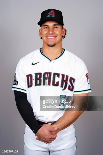 Alek Thomas of the Arizona Diamondbacks poses for a photo during the Arizona Diamondbacks Photo Day at Salt River Fields at Talking Stick on...