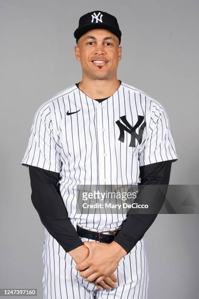 Giancarlo Stanton of the New York Yankees poses for a photo during the New York Yankees Photo Day at George M. Steinbrenner Field on Wednesday,...