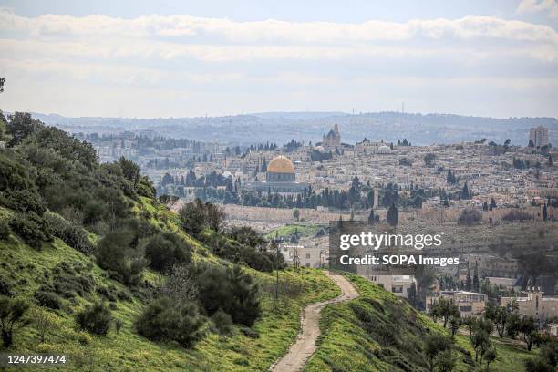 General view from the Mount of Olives, showing the Old City, the Dome of the Rock Mosque, the Church of Mount Zion, and the Jewish Synagogue.