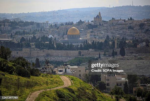 General view from the Mount of Olives, showing the Old City, the Dome of the Rock Mosque, the Church of Mount Zion, and the Jewish Synagogue.