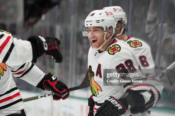 Patrick Kane of the Chicago Blackhawks celebrate a goal against the Chicago Blackhawks at the American Airlines Center on February 22, 2023 in...