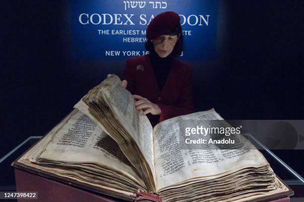 Soethby's specialist presents the earliest, most complete Hebrew Bible at Sothebyâs auction house in London, United Kingdom on February 22, 2023. The...