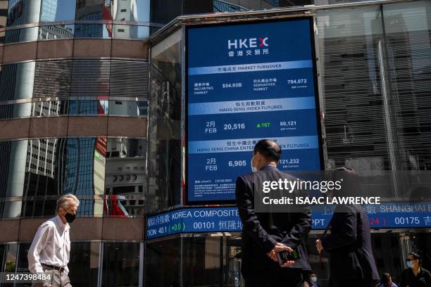 People walk through exchange square outside the Hong Kong Stock Exchange in Hong Kong on February 23, 2023. / The erroneous mention[s] appearing in...