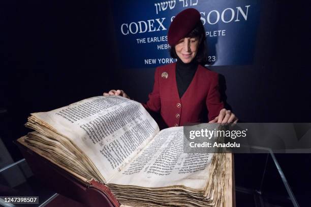 Soethby's specialist presents the earliest, most complete Hebrew Bible at Sothebyâs auction house in London, United Kingdom on February 22, 2023. The...