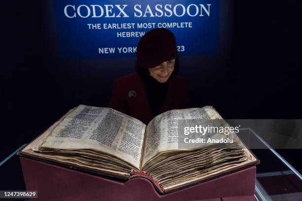 Soethby's specialist presents the earliest, most complete Hebrew Bible at Sothebyâs auction house in London, United Kingdom on February 22, 2023. The...