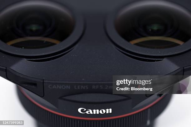 Canon Inc. RF5.2mm f/2.8L dual fisheye lens on display at the CP+ Camera and Photo Imaging Show in Yokohama, Japan, on Thursday, Feb. 23, 2023. The...
