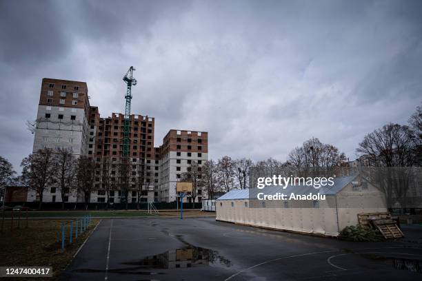 View of modular town built for those who lost their houses due to ongoing Russia-Ukraine war on February 22, 2023 in Bucha, Ukraine. 1,735 housing...