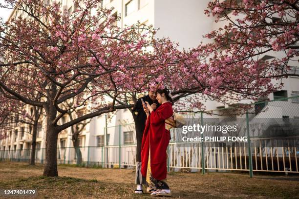 Couple stand under a cherry blossom tree at a park in the Edogawa district of Tokyo on February 23, 2023.