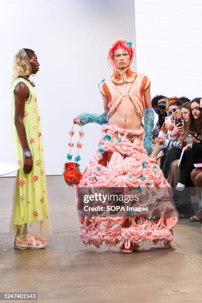 Models walk the runway wearing an outfit by Mata Durikovic of Slovak Fashion Council at the Madbymad fashion show during the London Fashion Week at...