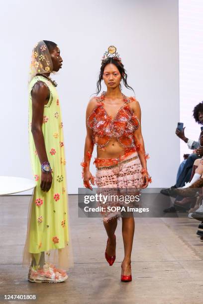 Models walk the runway wearing an outfit by Mata Durikovic of Slovak Fashion Council at the Madbymad fashion show during the London Fashion Week at...