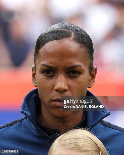 France's striker Marie-Laure Delie poses for a group photo prior to the quarter-final match of the FIFA women's football World Cup England vs France...