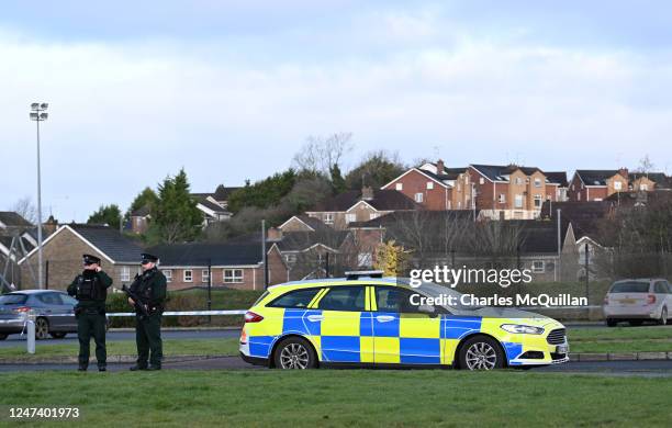 Police and forensics are seen at the scene of last nights shooting of a high profile PSNI officer at the Youth Sports Centre on February 23, 2023 in...