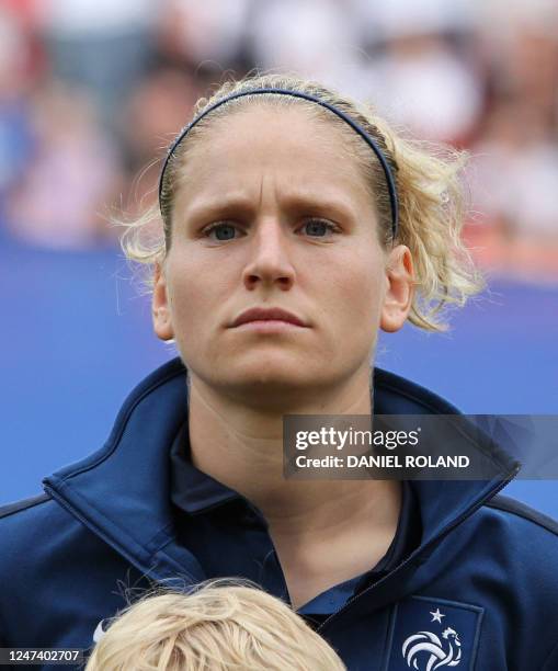 France's defender Laure Lepailleur poses for a group photo prior to the quarter-final match of the FIFA women's football World Cup England vs France...