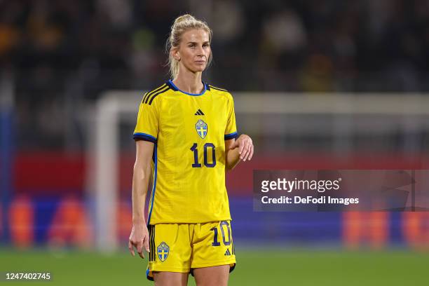 Sofia Jakobsson of Sweden looks on during the Women's friendly match between Germany and Sweden at Schauinsland-Reisen-Arena on February 21, 2023 in...