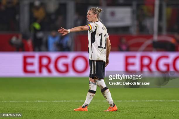Alexandra Popp of Germany gestures during the Women's friendly match between Germany and Sweden at Schauinsland-Reisen-Arena on February 21, 2023 in...