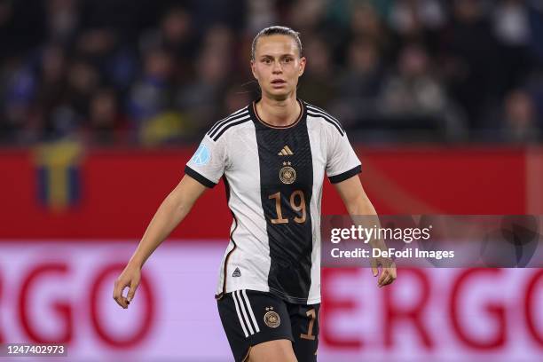 Klara Buehl of Germany looks on during the Women's friendly match between Germany and Sweden at Schauinsland-Reisen-Arena on February 21, 2023 in...