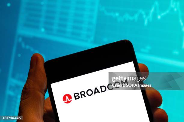 In this photo illustration, the American developer, manufacturer, and global supplier of semiconductor and software products, Broadcom Inc, logo is...