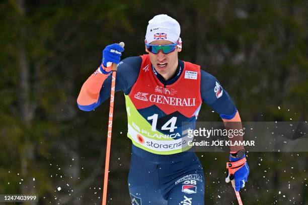 Great Britain's Andrew Young competes in the Mens Cross-Country Sprint Classic qualification of the FIS Nordic World Ski Championships in Planica on...