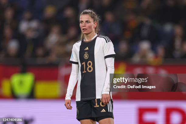 Tabea Wassmuth of Germany looks on during the Women's friendly match between Germany and Sweden at Schauinsland-Reisen-Arena on February 21, 2023 in...