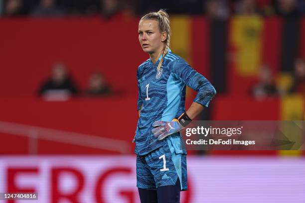 Goalkeeper Merle Frohms of Germany looks on during the Women's friendly match between Germany and Sweden at Schauinsland-Reisen-Arena on February 21,...