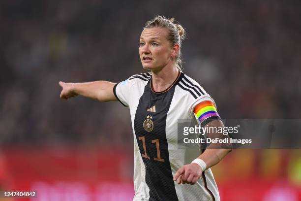 Alexandra Popp of Germany looks on during the Women's friendly match between Germany and Sweden at Schauinsland-Reisen-Arena on February 21, 2023 in...