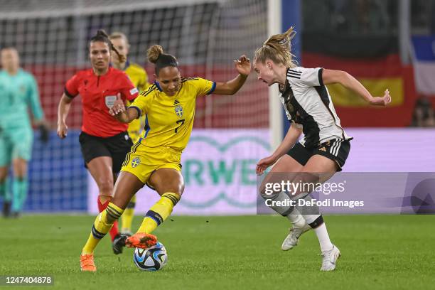 Madelen Janogy of Sweden and Janina Minge of Germany battle for the ball during the Women's friendly match between Germany and Sweden at...