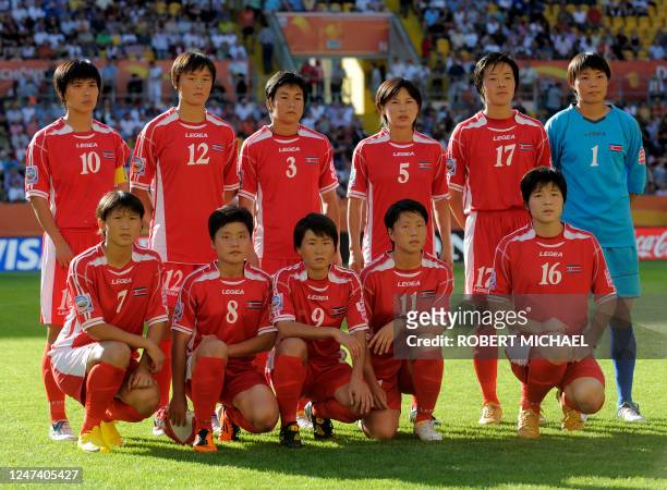 North Korea's national football team poses prior to the football match of the FIFA women's football World Cup USA vs Korea PRK at Dresden's...