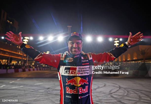 Rally driver, Nasser Al Attiyah poses during the Qatar Airways and Formula 1 partnership announcement at Lusail Boulevard on February 22, 2023 in...