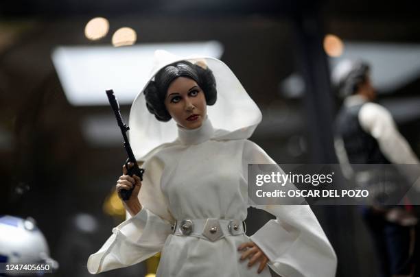 Figurine depicting Star Wars saga's character Princess Leia is pictured on the opening day of the exhibition "Fuenlabrada Friki. Universo Star Wars"...