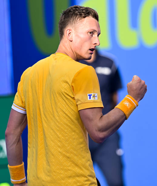 Jiri Lehecka of Czech Republic reacts during quarterfinal match against Andrey Rublev of Russia at the ATP Qatar Exxonmobil Open tennis tournament...