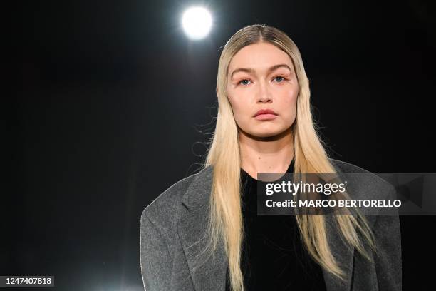 Model Gigi Hadid presents a creation for Prada on February 23, 2023 during the Fall-Winter 2023-2024 Women's Collections as part of the Fashion Week...