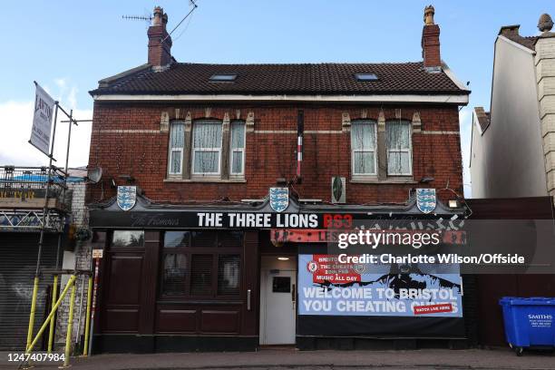 The Three Lions pub in Bristol decorated with an explicit sign advertising the upcoming FA Cup match between Bristol City and Manchester City,...