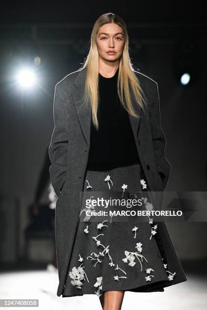 Model Gigi Hadid presents a creation for Prada on February 23, 2023 during the Fall-Winter 2023-2024 Women's Collections as part of the Fashion Week...