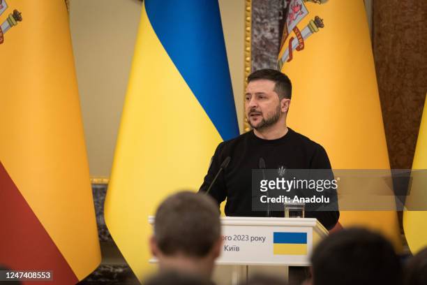Spanish Prime Minister Pedro Sanchez and Ukrainian President Volodymyr Zelenskyy hold a joint press conference in Kyiv, Ukraine on February 23, 2023.