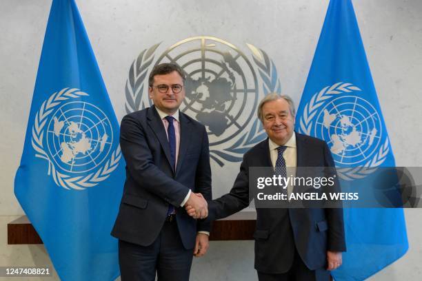 United Nations Secretary-General Antonio Guterres meets with Ukrainian Minister of Foreign Affairs Dmytro Kuleba at United Nations headquarters in...