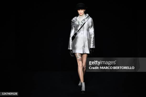 Model presents a creation for Emporio Armani on February 23, 2023 during the Fall-Winter 2023-2024 Women's Collections as part of the Fashion Week in...