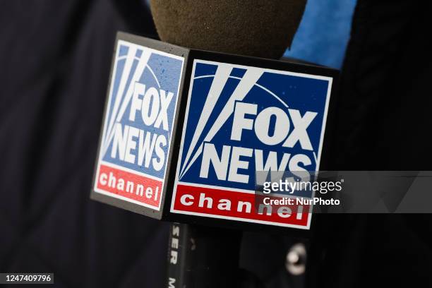 Fox News reporter's microphone is seen before the speech of the President of the United States Joe Biden in Warsaw, Poland on February 21, 2023....