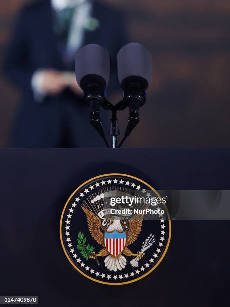 Seal of the President of the United States symbol is seen on a podium before the remarks of the President of the United States Joe Biden at the Royal...